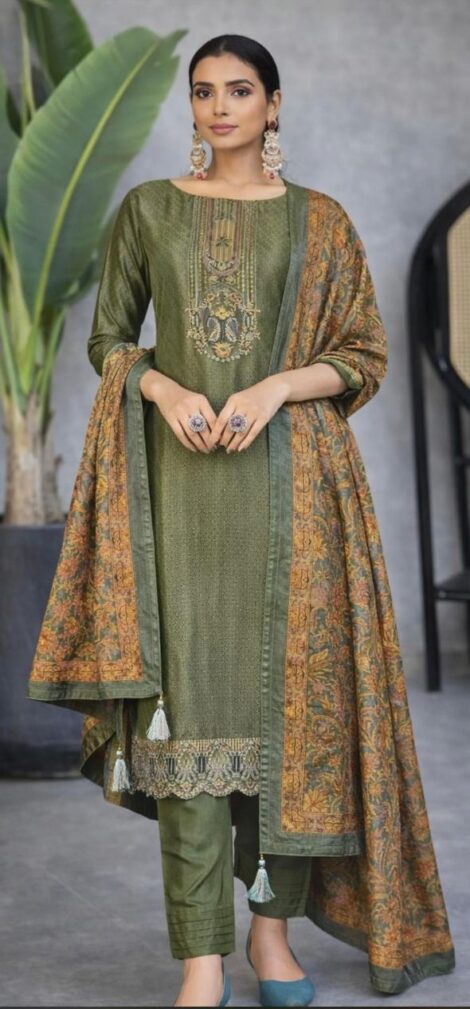Olive Green Embroidered Kurta & Trouser Set with Printed Dupatta