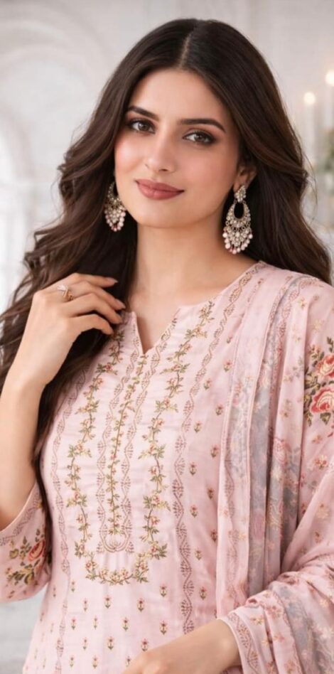 Blush Pink Floral Embroidered Kurta Set with Printed Dupatta