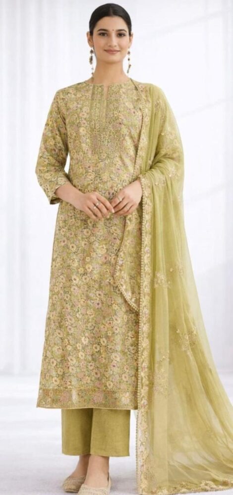 Pistachio Green Floral Print Kurta Set with Embroidered Dupatta